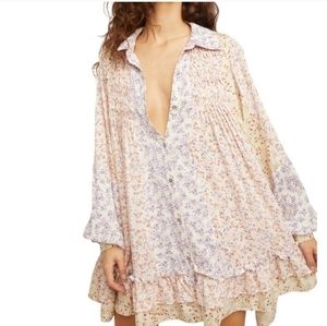 Free People Lost In You Floral Print Tunic Light White-Pink-purple Small S